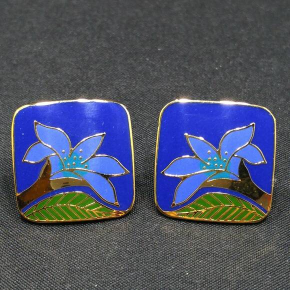 Laurel Burch "Wild Lily" Blue Post Earrings, Cloisonne Gold Plated, 1980s - Picture 5 of 9
